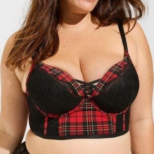 Torrid XO Plunge Push-Up Bra red black plaid underwire sexy size 46DD